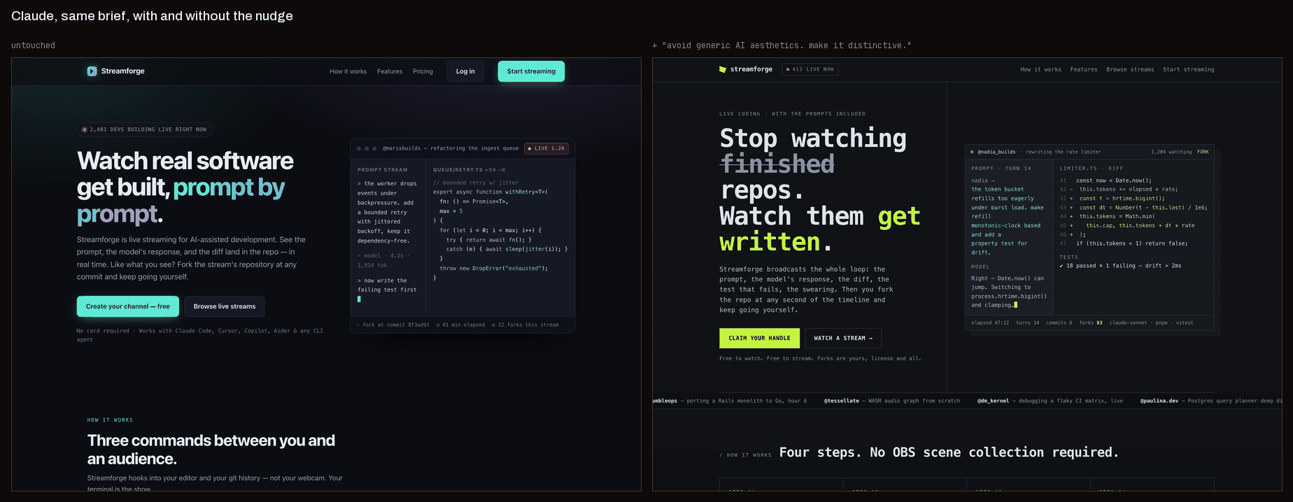 Two dark landing pages side by side, the second with square buttons and mono type instead of pills and a glass card