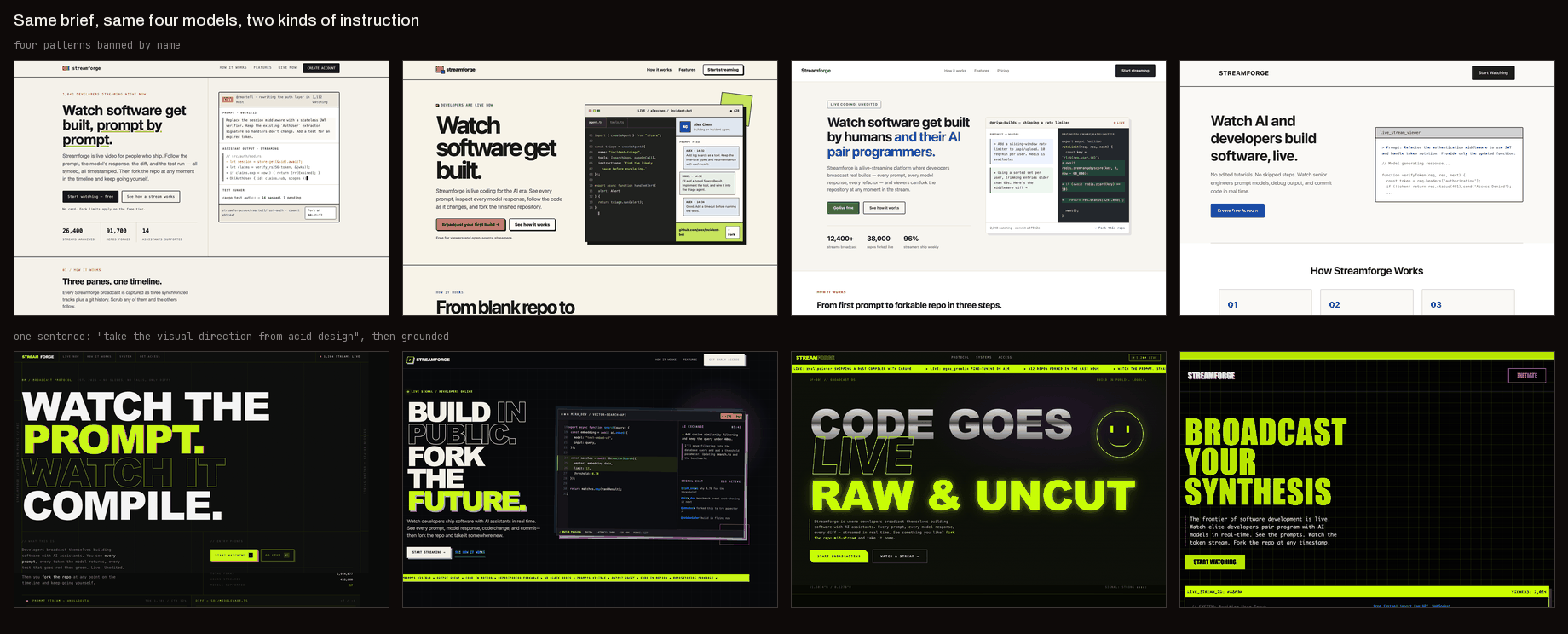 Eight landing pages: the top row white and sparse, the bottom row black with acid green and magenta